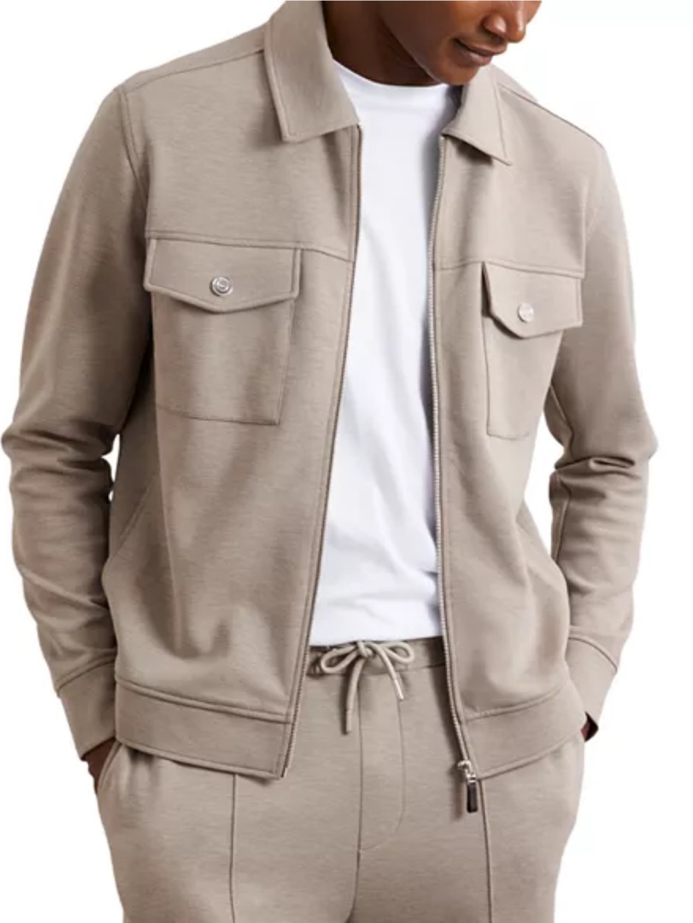 Reiss Medina Men's Premium Interlock Zip-Through Overshirt Jacket Taupe Brown Lg